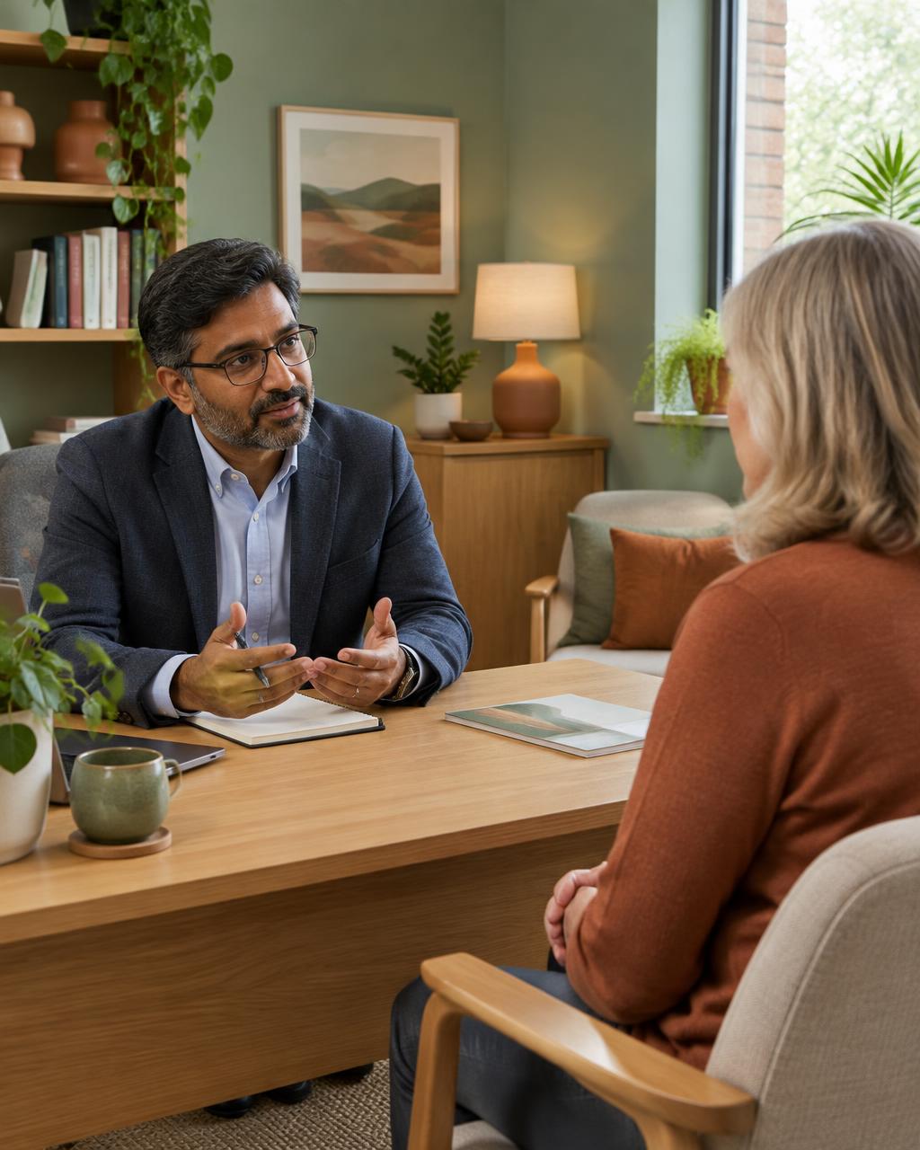 A psychiatrist discussing treatment options with a patient in a calm office