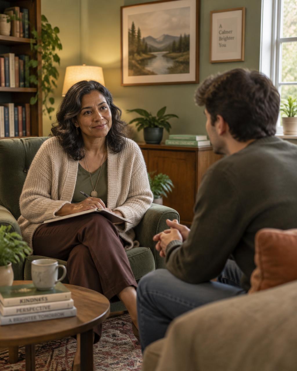 A psychiatrist talking with a patient in a calm, comfortable office